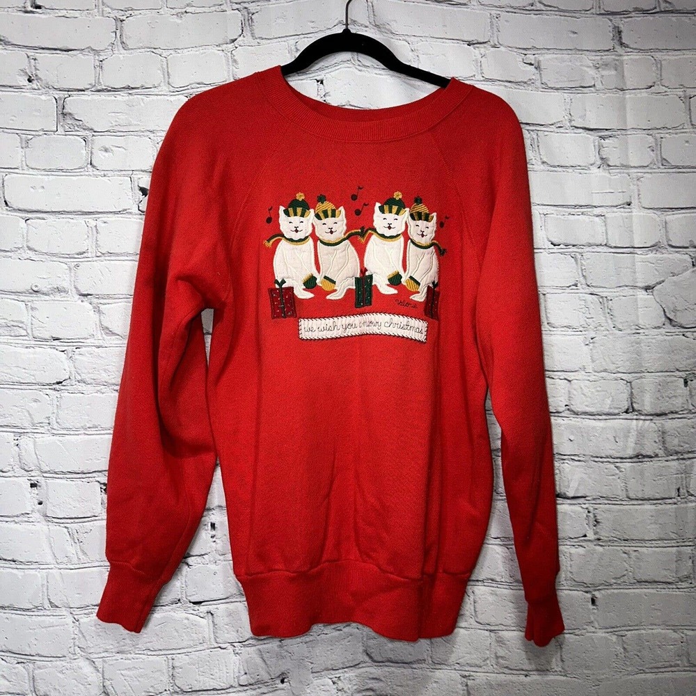 Valorie's Folk Art Applique Cats Red Crew Neck Sweatshirt Women's Large Made USA